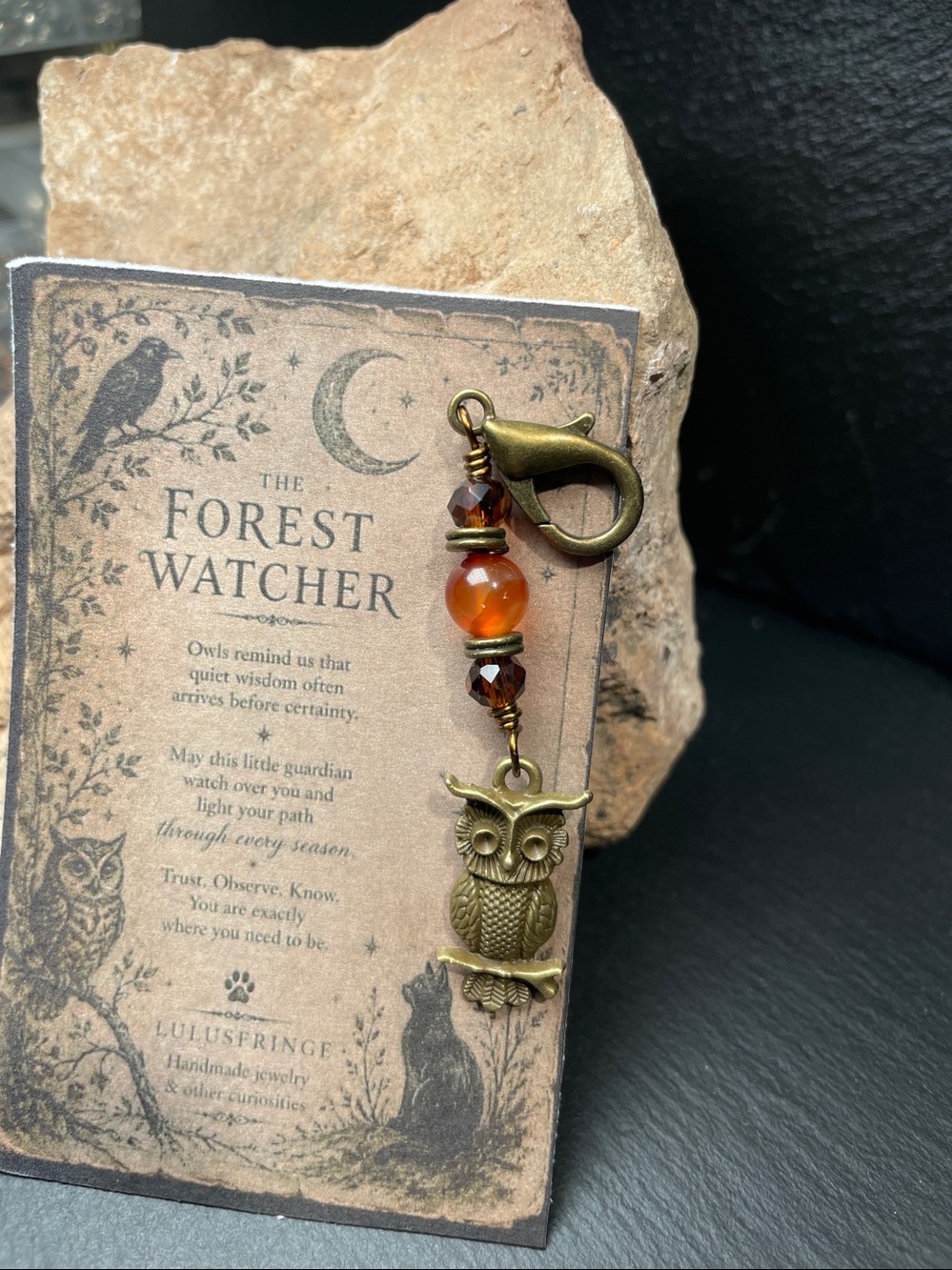 Forest Watcher™ Little Curiosity – Owl Carnelian Charm Bag, Zipper Pull